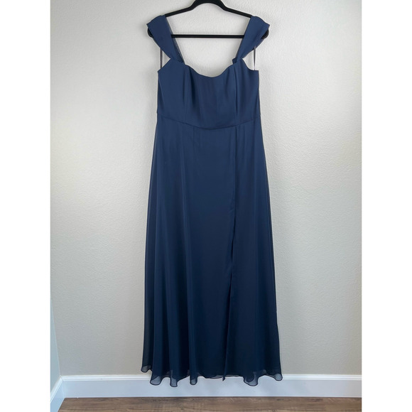 After Six Chiffon Midnight Blue Off-The-Shoulder Basque Neck Maxi Dress 4 NWOT - Picture 13 of 14